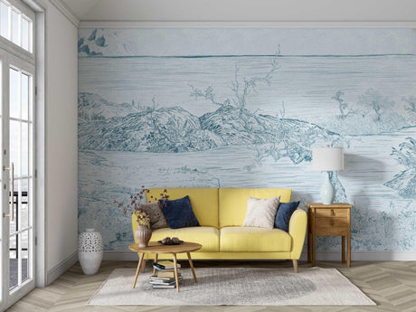 Mountain lake line art wallpaper creating a peaceful atmosphere in a modern living room with minimal furniture