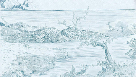 Blue mountain lake line art design file showing delicate details and smooth curves