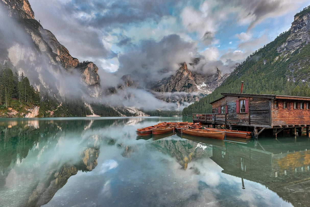 Mountain lake wallpaper design file showing detailed misty peaks and wooden boathouse pattern