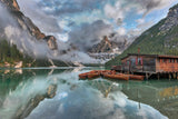 Mountain lake wallpaper design file showing detailed misty peaks and wooden boathouse pattern