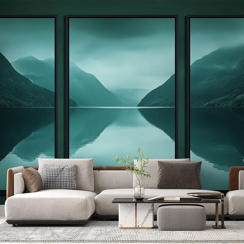 Mountain lake wallpaper creating depth in modern living room, emerald peaks reflecting on still waters