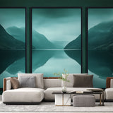 Mountain lake wallpaper creating depth in modern living room, emerald peaks reflecting on still waters