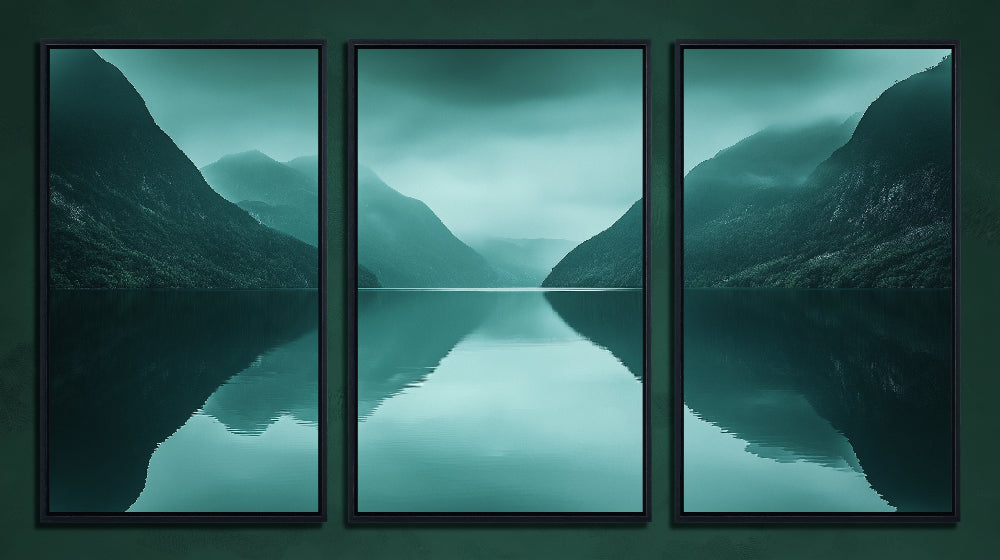Mountain landscape design file showing full misty fjord reflection pattern