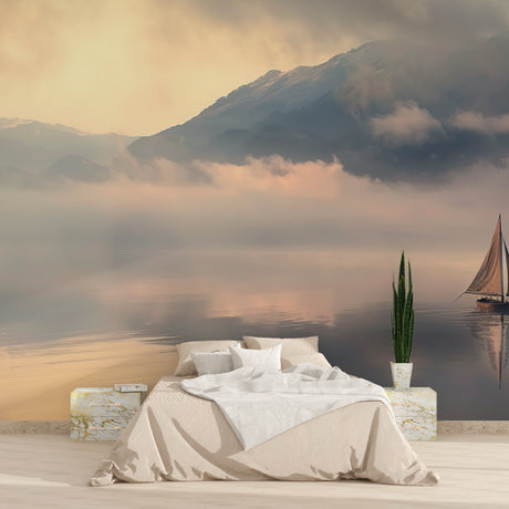 Mountain lake wallpaper creating depth in a modern living room with minimal furniture