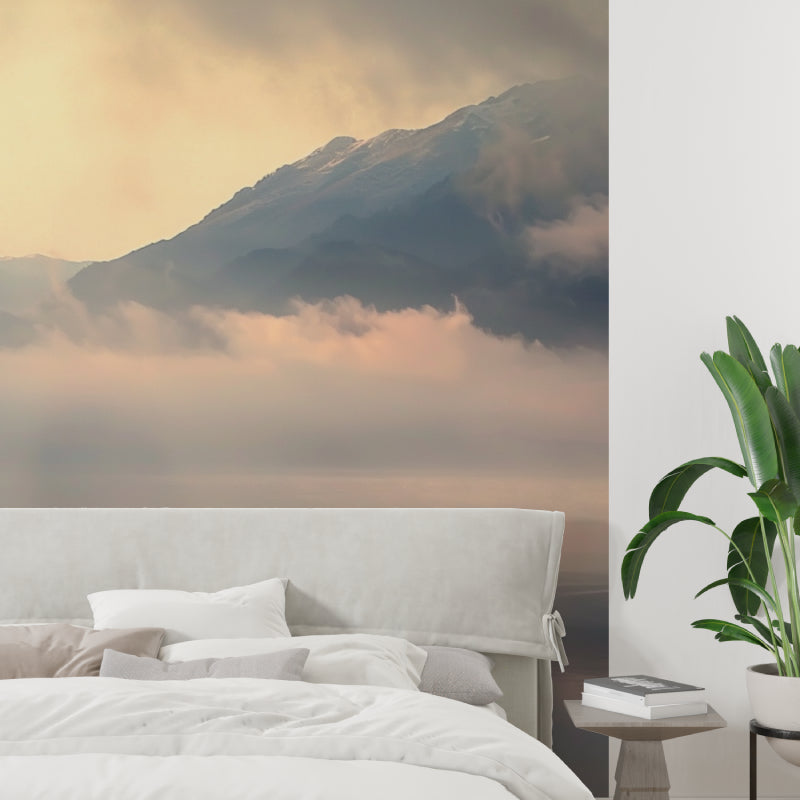 Serene lake mural wallpaper in a cozy bedroom setting with natural light