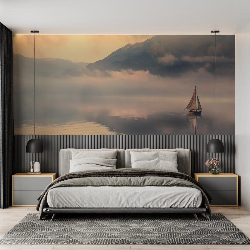 Mountain landscape wallpaper bringing nature into a home office space