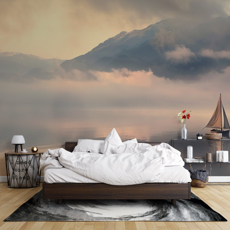 Lake view mural adding depth to a dining room with sunset lighting