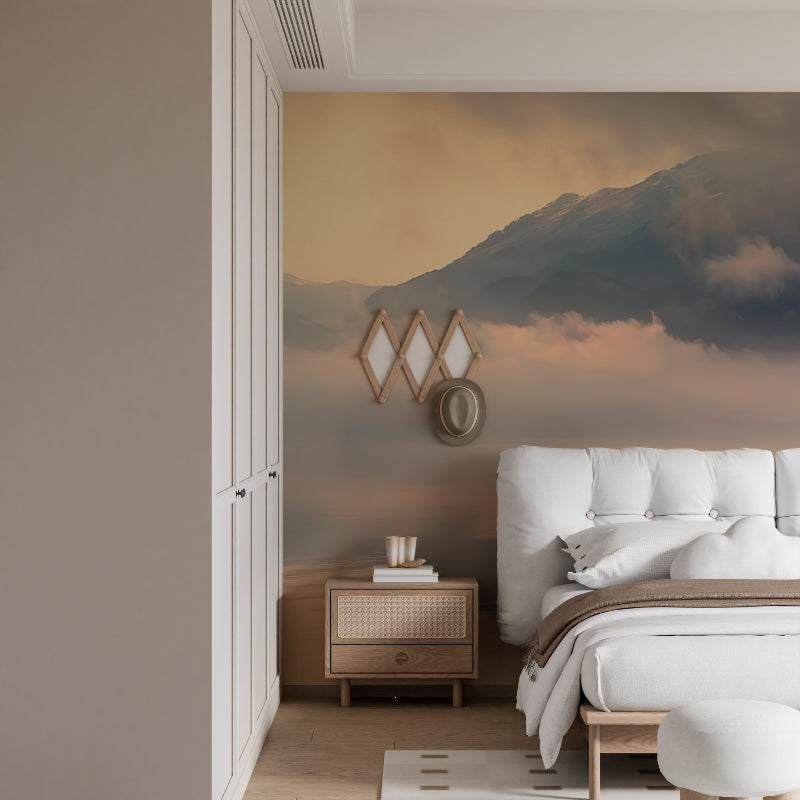 Misty mountain wallpaper creating atmosphere in a meditation room