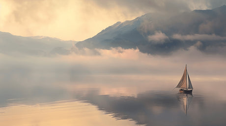Mountain lake design file showing detailed misty sunset scene with sailboat