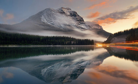Mountain lake wallpaper design file showing misty sunset reflection pattern