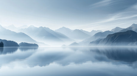 Mountain lake landscape design file showing intricate misty details and reflections
