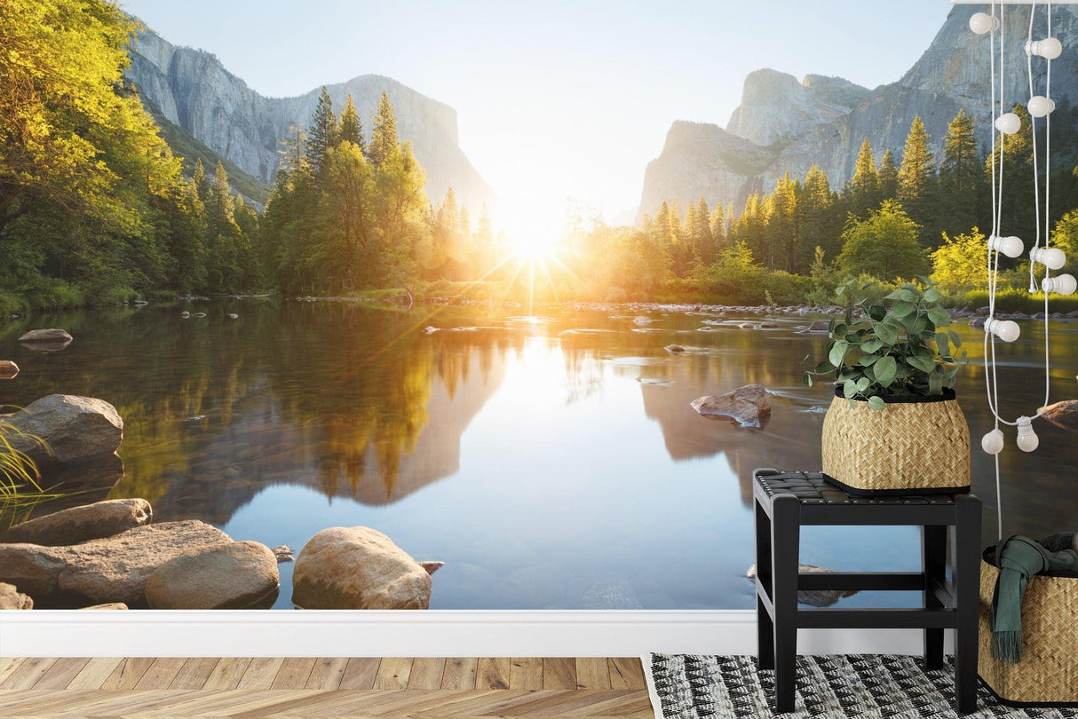 Serene bedroom with mountain landscape mural, soft morning colors complement natural decor