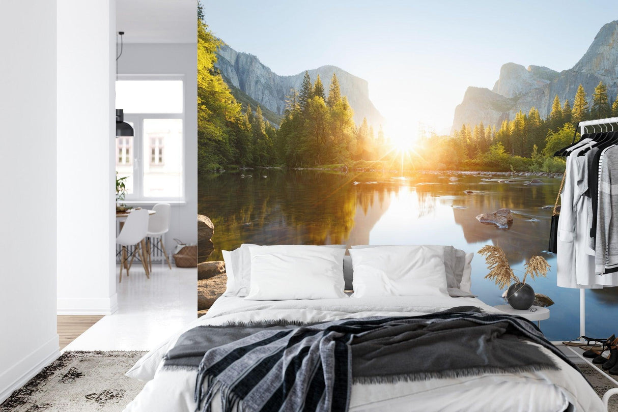 Home office featuring lake reflection wallpaper, bringing outdoor peace to workspace