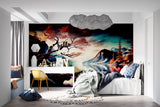 Mountain lake wallpaper creating depth in modern living room with sunset colors reflecting off white furniture