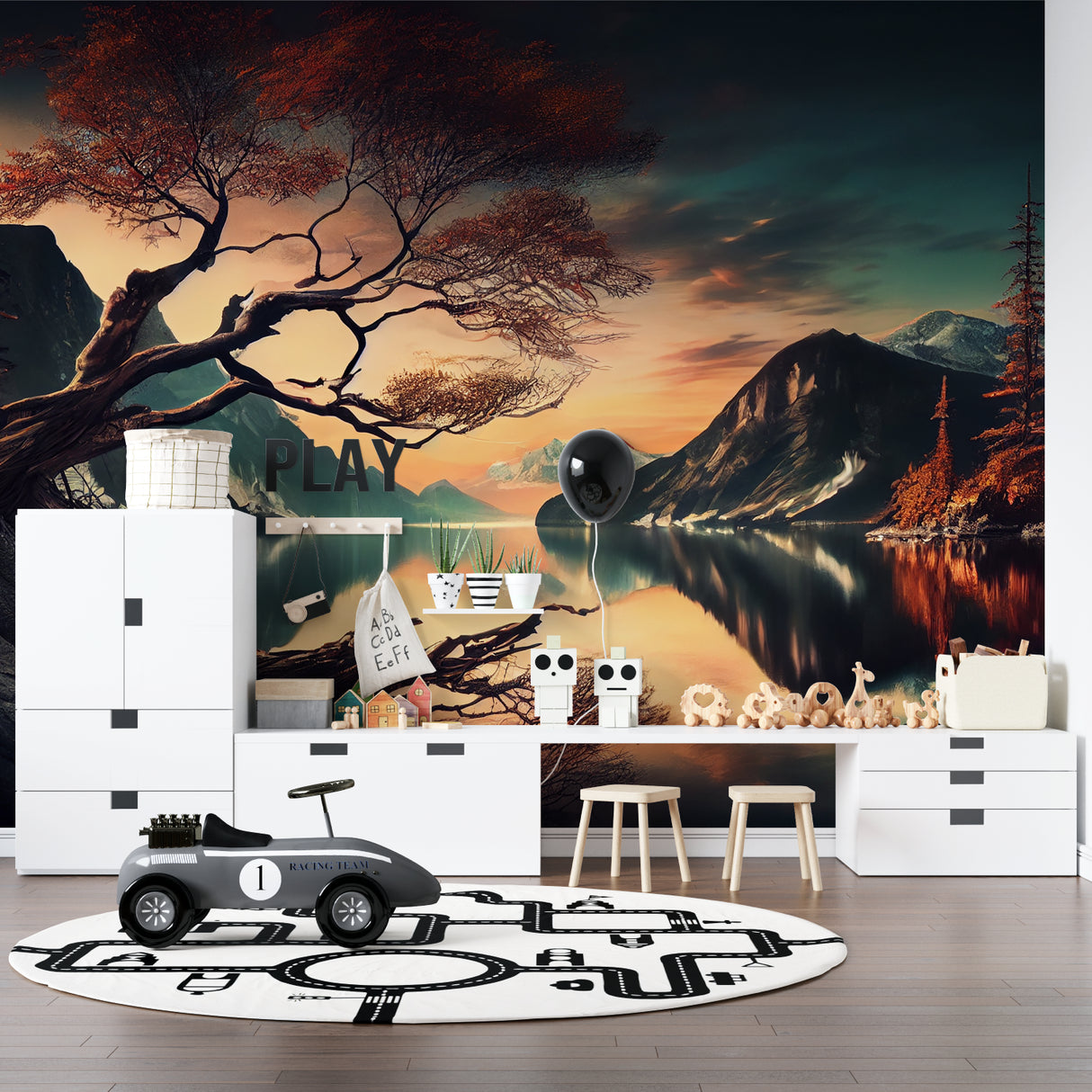Peaceful bedroom with mountain lake mural wallpaper showing cherry blossoms at sunset