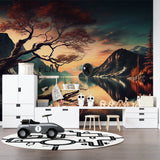 Peaceful bedroom with mountain lake mural wallpaper showing cherry blossoms at sunset