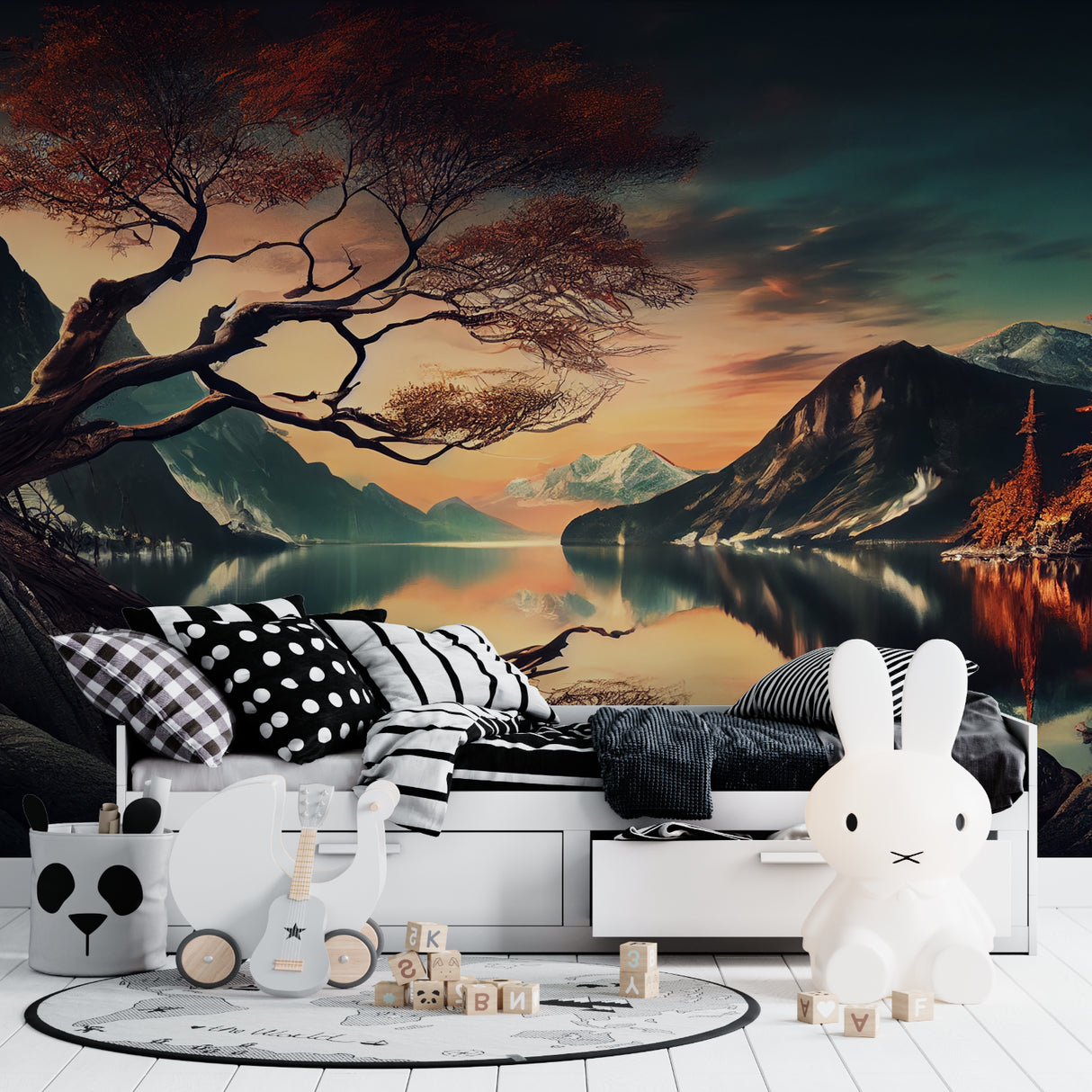 Home office featuring serene mountain lake wall mural with pink cherry blossoms