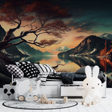 Home office featuring serene mountain lake wall mural with pink cherry blossoms