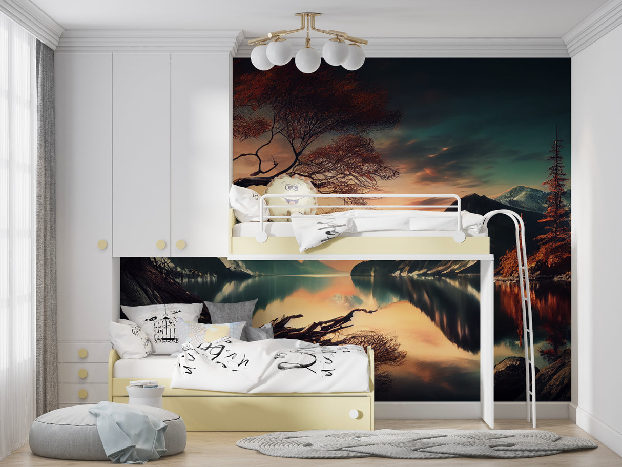 Dining room transformed by mountain landscape wallpaper with sunset reflections