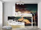 Dining room transformed by mountain landscape wallpaper with sunset reflections