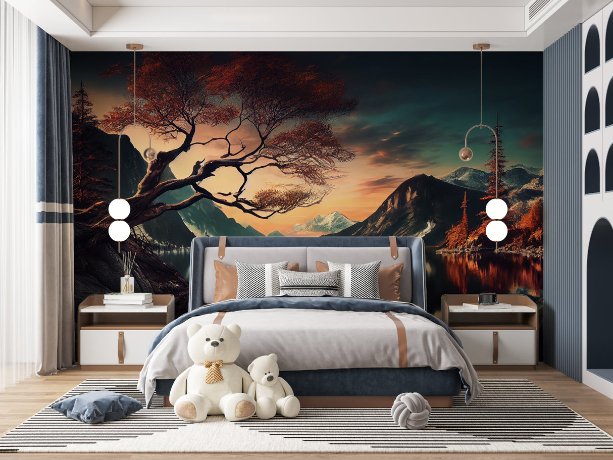Meditation space with calming mountain lake scene and cherry blossom details