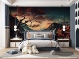 Meditation space with calming mountain lake scene and cherry blossom details