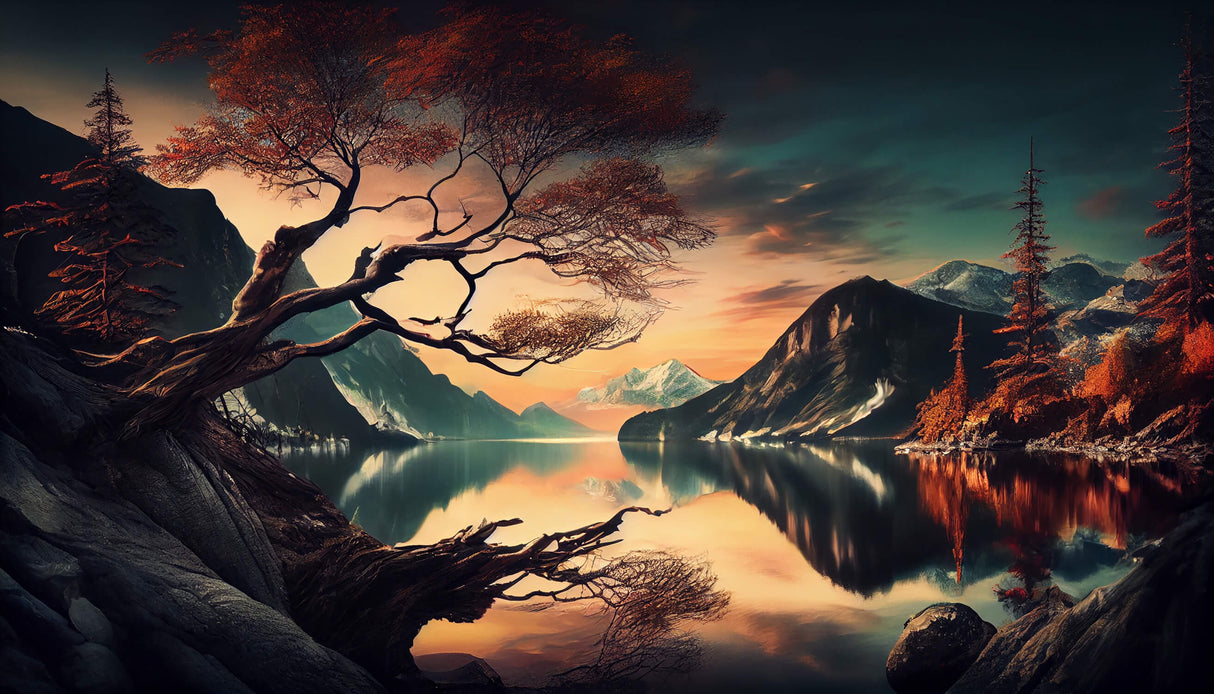 Mountain lake wallpaper design file showing detailed sunset colors and cherry blossom pattern