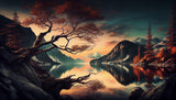 Mountain lake wallpaper design file showing detailed sunset colors and cherry blossom pattern