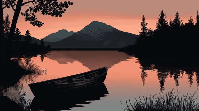 Mountain lake wallpaper creating depth in modern living room, sunset colors reflecting off white furniture