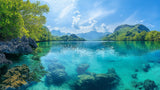 Mountain lake wallpaper design file showing detailed turquoise waters and forest landscape pattern