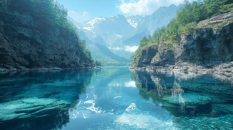 Mountain lake wallpaper design file showing detailed turquoise waters and dramatic mountain peaks