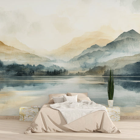 Mountain Lake Wallpaper in bright modern living room, creating depth and serenity