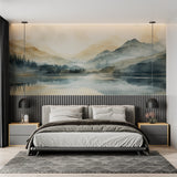 Mountain scene wallpaper in dining room, creating sophisticated dinner atmosphere