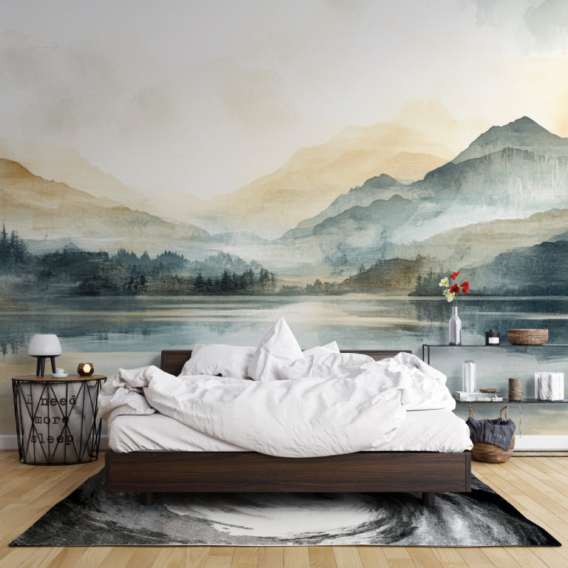 Watercolor landscape mural in meditation room, enhancing peaceful vibes