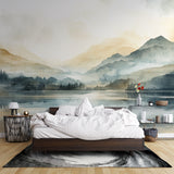 Watercolor landscape mural in meditation room, enhancing peaceful vibes