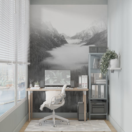 Mountain mist wallpaper in modern living room with grey sofa and natural light