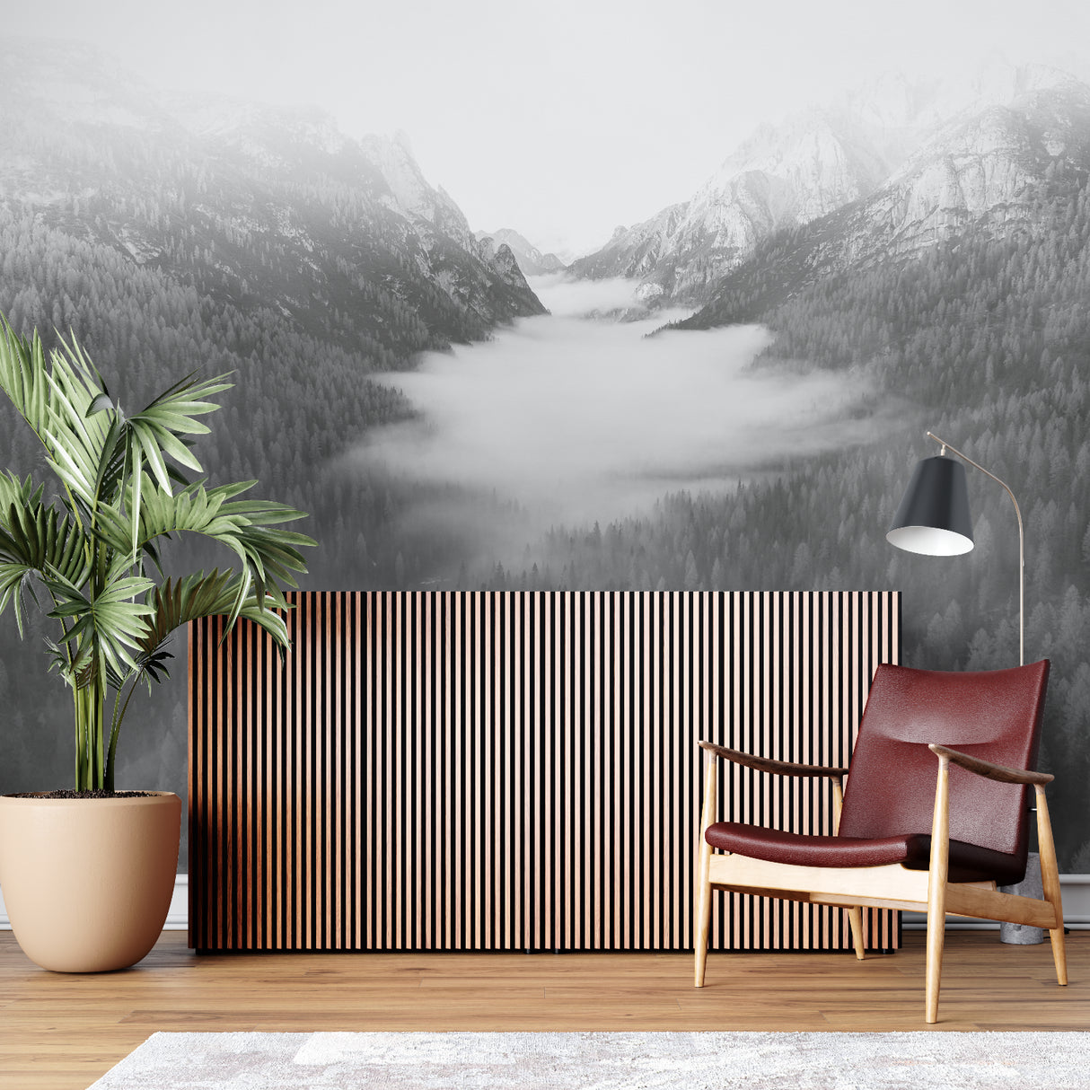Black and white mountain mural in minimalist bedroom with wooden furniture