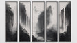 Mountain mist wallpaper creating depth in a modern living room, black and white waterfall design adding natural drama