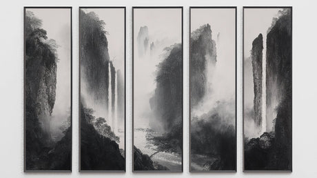 Mountain mist wallpaper creating depth in a modern living room, black and white waterfall design adding natural drama
