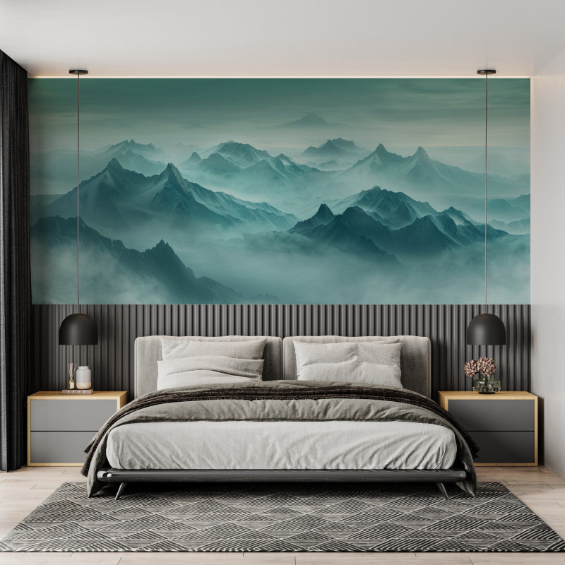 Misty mountain wallpaper adding depth to dining room with contemporary furniture