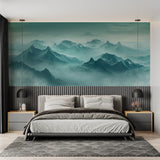 Misty mountain wallpaper adding depth to dining room with contemporary furniture