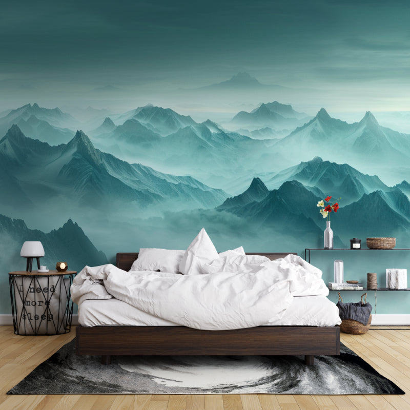 Mountain wall mural in meditation room with floor cushions and natural decor