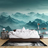 Mountain wall mural in meditation room with floor cushions and natural decor