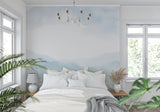 Mountain vista wallpaper bringing nature into home office with wooden desk