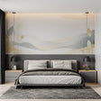 Mountain landscape wallpaper in modern living room showing soft beige and grey tones