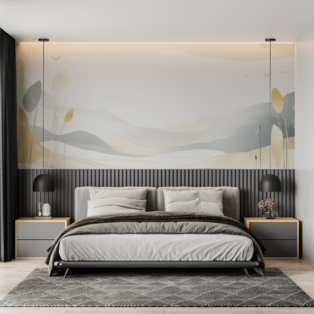 Mountain landscape wallpaper in modern living room showing soft beige and grey tones
