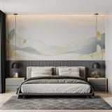 Mountain landscape wallpaper in modern living room showing soft beige and grey tones