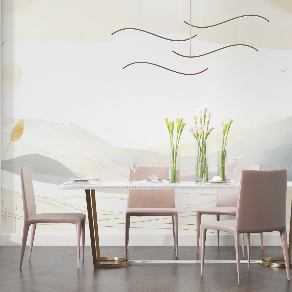 Abstract mountain mural creating depth in minimalist bedroom