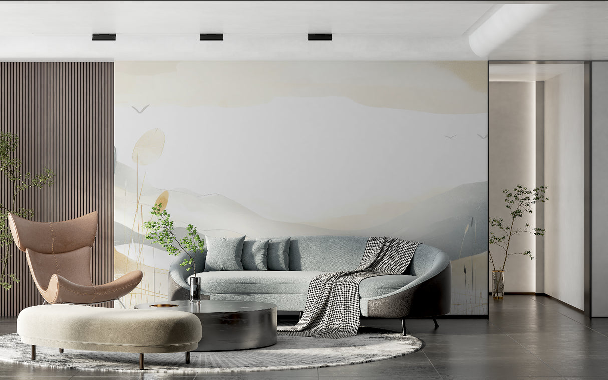 Serene mountain wallpaper installation in dining room with natural light