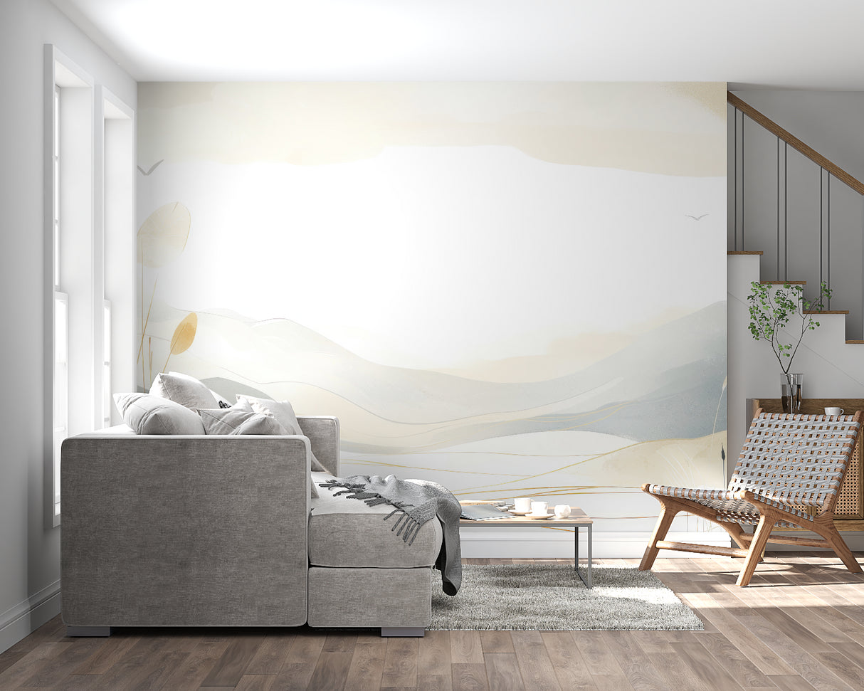 Abstract mountain design in entrance hall with golden accents